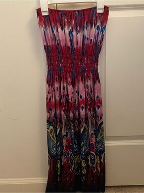 Strapless Pink & Red Printed Maxi Dress
